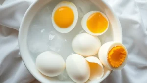 Close-up overhead shot of a white ceramic bowl filled with ice water and perfectly boiled eggs at various doneness levels—soft-boiled with runny yolk, medium jammy yolk, and hard-boiled—arranged on white linen, natural window lighting