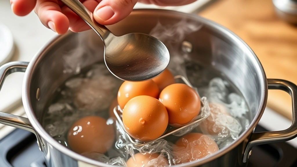 Action shot of a hand using a slotted spoon lowering fresh room-temperature brown eggs into a pot of rolling boiling water with steam rising, stainless steel pot visible, kitchen counter background