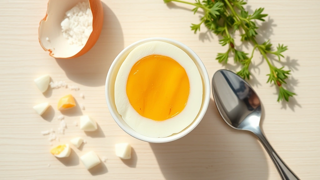 Flat lay composition showing a cut-in-half soft-boiled egg revealing creamy jammy yolk center in an egg cup, surrounded by scattered eggshell pieces, salt, fresh herbs, and a small silver spoon on light wooden surface with shadows
