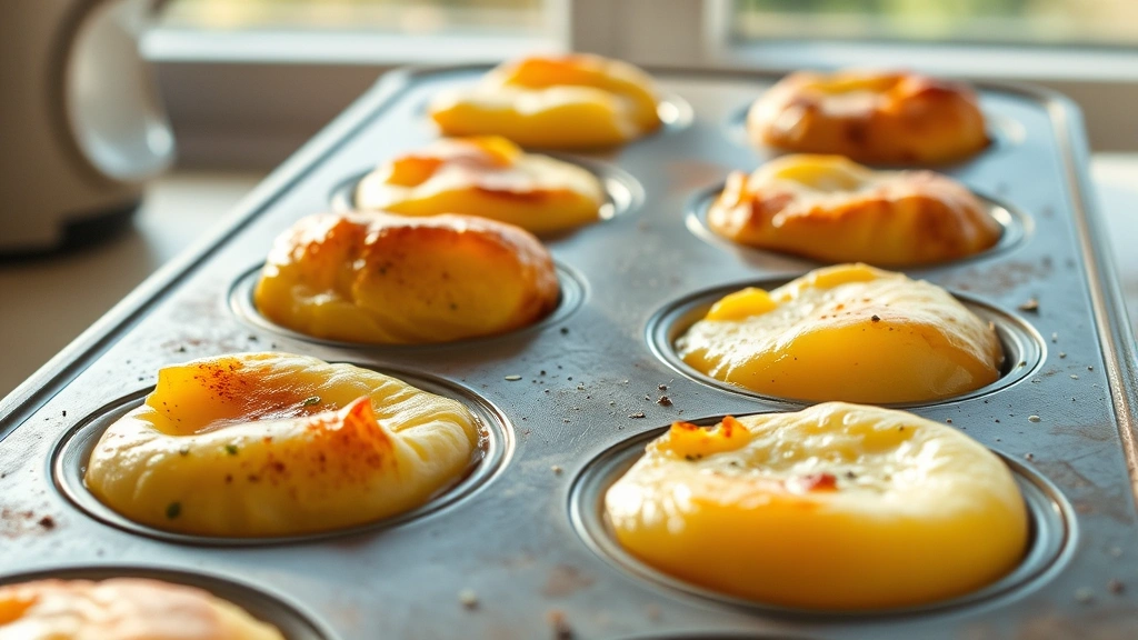 Golden-brown fluffy egg white bites in a ceramic muffin tin, freshly baked with visible herb specks and vegetable pieces, steam rising, natural morning light from kitchen window