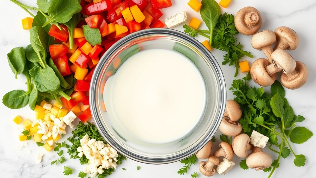 Overhead flat-lay of colorful egg white bite ingredients: separated egg whites in glass bowl, fresh spinach, diced red and yellow bell peppers, crumbled feta cheese, mushrooms, and fresh herbs on white marble counter