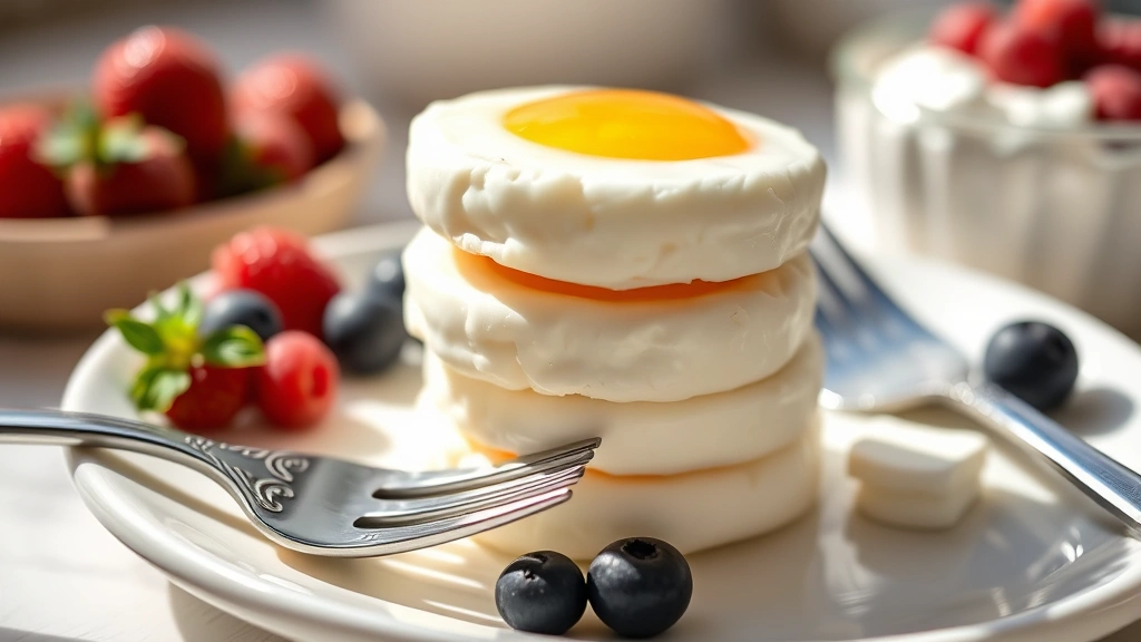 Perfectly cooked egg white bites stacked on a white plate with fresh berries and Greek yogurt beside them, morning sunlight illuminating the fluffy texture, fork ready to eat