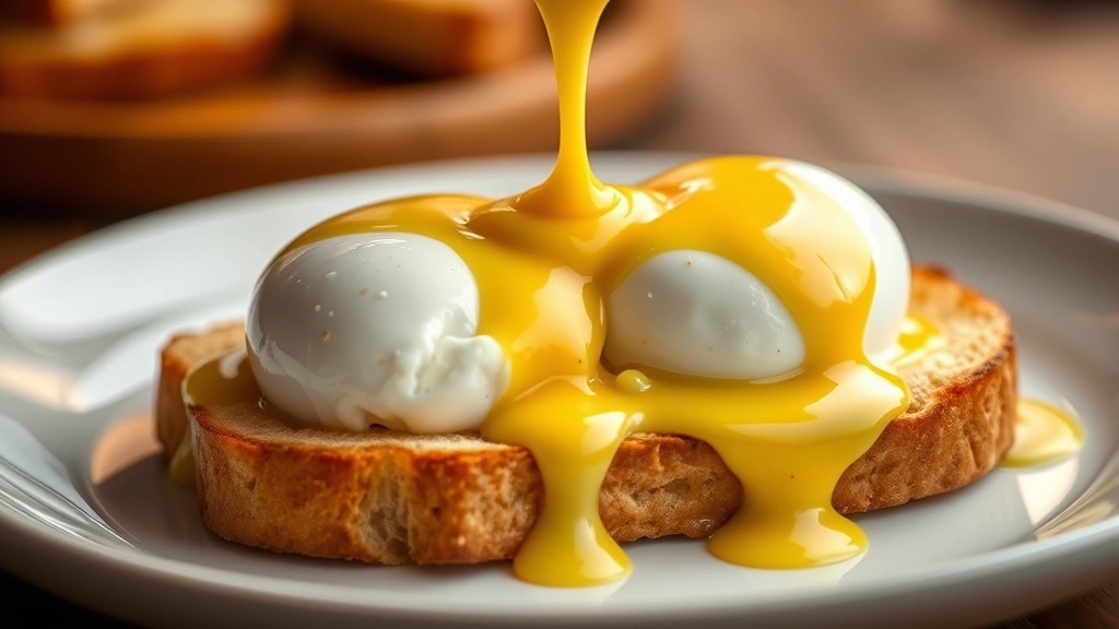 Close-up of silky hollandaise sauce being drizzled over perfectly poached eggs on toasted English muffin, golden butter sauce coating eggs, professional plating, warm lighting, food photography