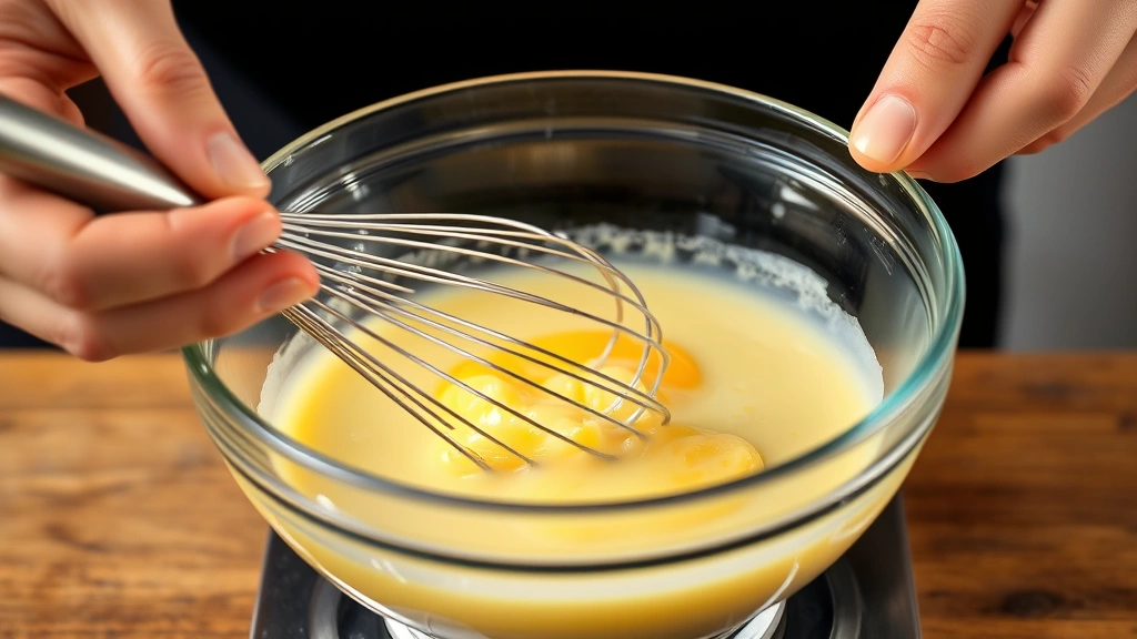Hands whisking egg yolks and cream mixture in a glass bowl over simmering water, visible steam rising, pale yellow custard texture, showing emulsification process, culinary technique demonstration