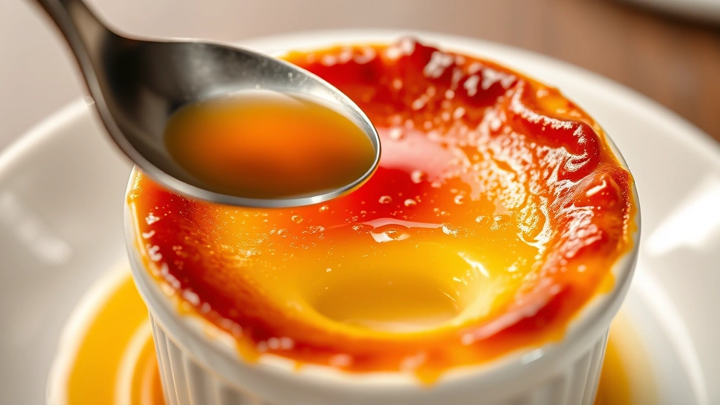 Golden-brown caramelized sugar crust on crème brûlée being cracked by a spoon, revealing silky custard beneath, torch-caramelized topping, elegant ramekin presentation, fine dining dessert photography