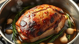 Perfect seared eye of round roast with golden-brown crust in stainless steel Dutch oven, surrounded by fresh rosemary sprigs and crushed garlic cloves, steam rising from hot braising liquid