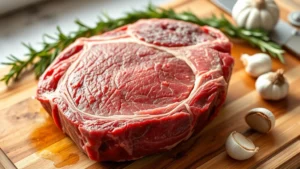 Raw eye round roast with visible grain structure on wooden cutting board, fresh rosemary sprigs and garlic cloves nearby, natural kitchen lighting