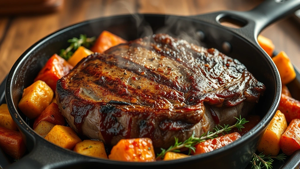 Golden-brown seared eye round roast in cast iron skillet with caramelized crust, steam rising, surrounded by roasted root vegetables and fresh thyme