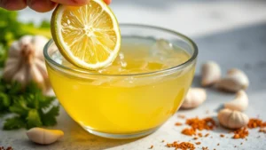 Fresh lime juice being squeezed into a glass bowl with garlic cloves, cilantro, and cumin scattered nearby, bright natural lighting highlighting the vibrant yellow-green citrus