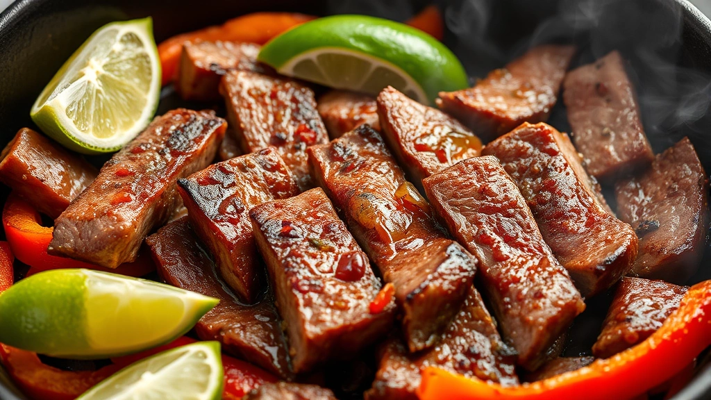 Beautifully marinated sliced beef fajitas sizzling in a cast iron skillet with caramelized edges, steam rising, charred marks visible, accompanied by fresh lime wedges and bell pepper strips