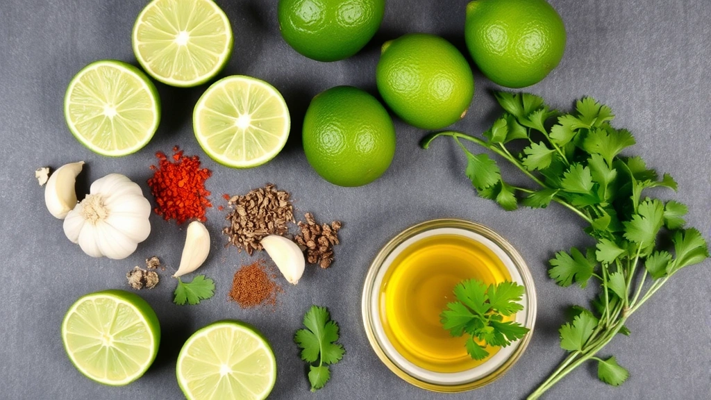 Overhead flat lay of fajita ingredients arranged artfully: fresh limes cut in half, whole garlic cloves, dried oregano, paprika, cumin seeds, and a small bowl of olive oil with fresh cilantro sprigs
