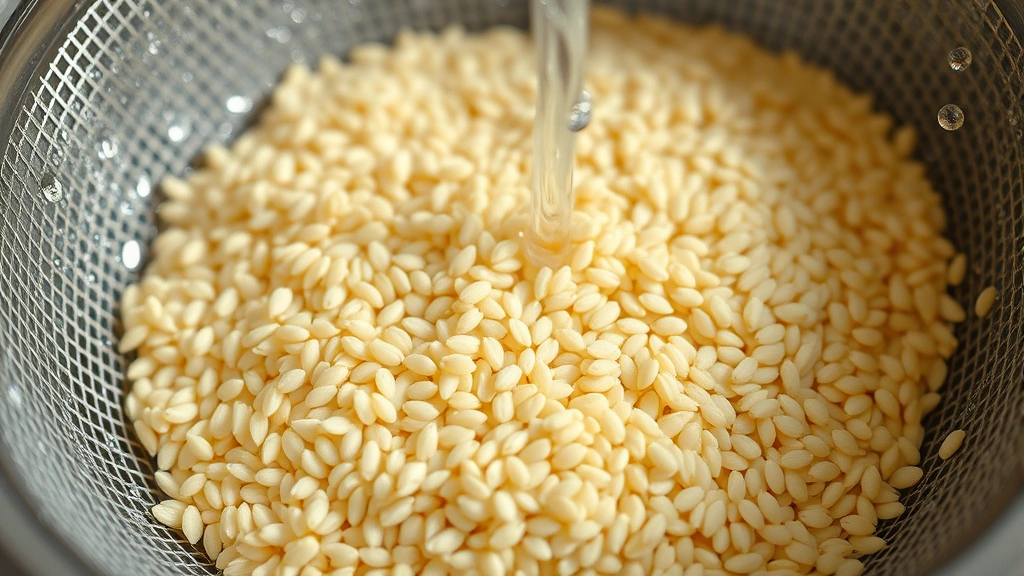 Close-up of semi-pearled farro grains being rinsed in a fine-mesh strainer under running water, water droplets visible, natural daylight