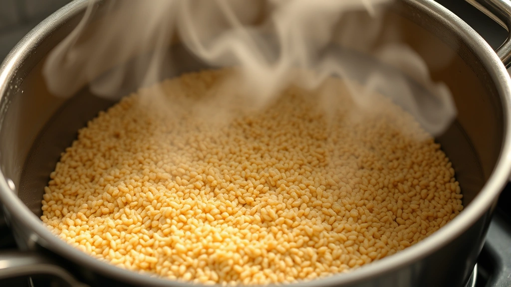 Golden-toasted farro grains in a heavy-bottomed saucepan over medium heat, steam rising, showing the toasting process mid-action