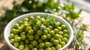 Vibrant green blanched fava beans in white bowl with fresh dill and mint leaves scattered on top, shallow depth of field, Mediterranean sunlight