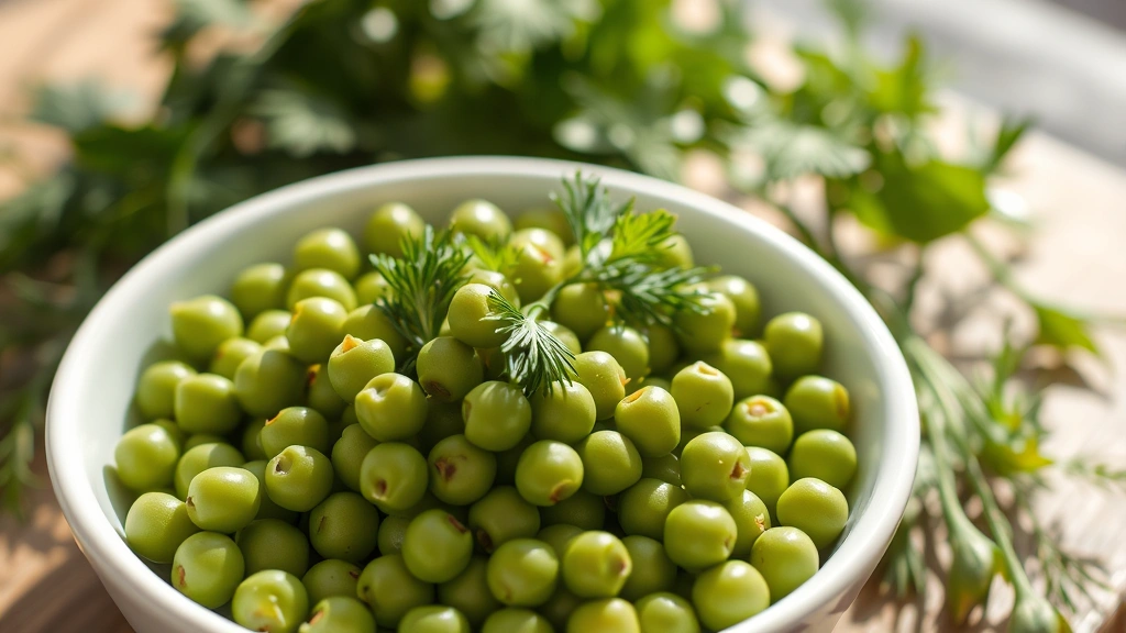 Vibrant green blanched fava beans in white bowl with fresh dill and mint leaves scattered on top, shallow depth of field, Mediterranean sunlight