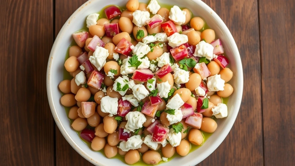 Overhead shot of completed fava bean salad with crumbled white feta cheese, red onion pieces, fresh herbs, and glossy olive oil coating, rustic wooden table background