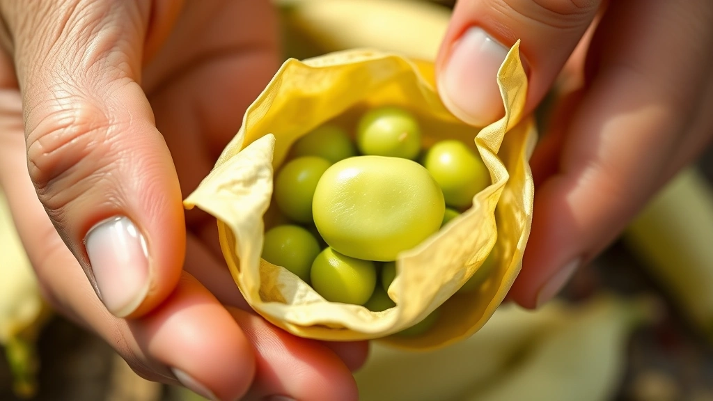 Close-up of hands gently removing thin papery skin from blanched fava bean, showing the bright green interior, natural daylight, detailed texture