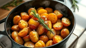 Golden-brown crispy fingerling potatoes in cast iron skillet with fresh rosemary sprigs and sea salt crystals on top, steam rising, natural kitchen lighting