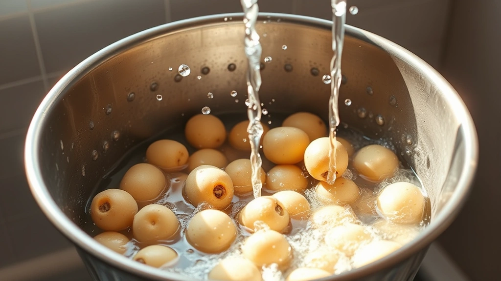 Raw fingerling potatoes being scrubbed under running water in a colander, water droplets visible, natural daylight streaming through window