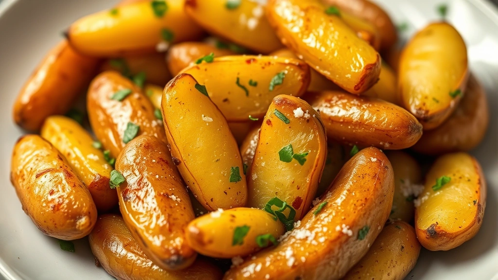 Freshly cooked crispy fingerling potatoes garnished with fresh herbs and fleur de sel on white ceramic plate, close-up showing crispy texture and golden color