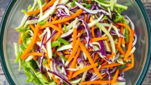 Overhead shot of shredded green and purple cabbage mixed with julienned carrots in a large clear glass mixing bowl, showing vibrant colors and fresh vegetables glistening with moisture