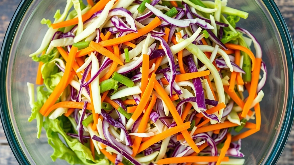 Overhead shot of shredded green and purple cabbage mixed with julienned carrots in a large clear glass mixing bowl, showing vibrant colors and fresh vegetables glistening with moisture