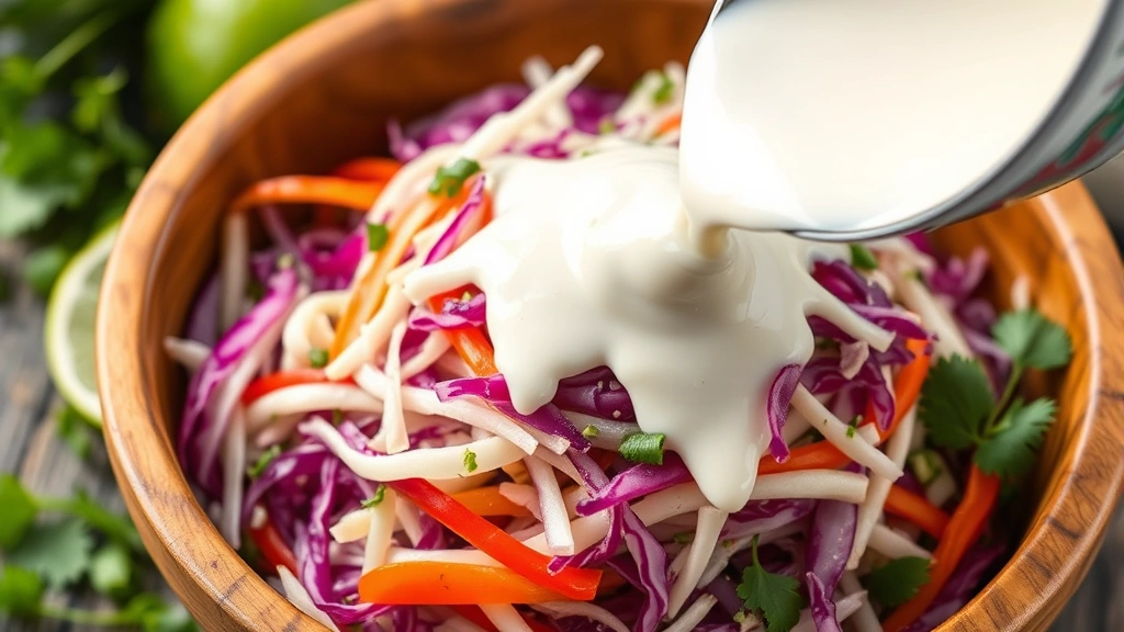 Close-up of creamy white dressing being drizzled over a mound of shredded cabbage and vegetables in a wooden bowl, with fresh lime and cilantro leaves visible around the bowl