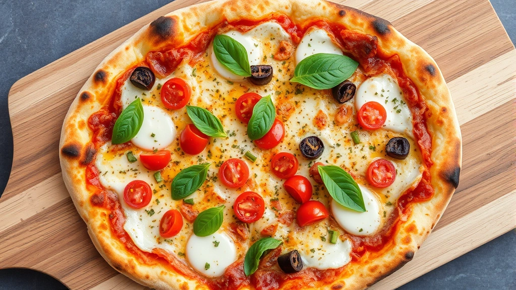 Overhead shot of freshly baked flatbread pizza with melted mozzarella, fresh basil, and colorful toppings on a wooden serving board, golden-brown crust edges slightly charred