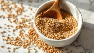 Close-up of ground flaxseed in a white ceramic bowl with a wooden spoon, scattered flaxseeds on marble countertop, natural daylight