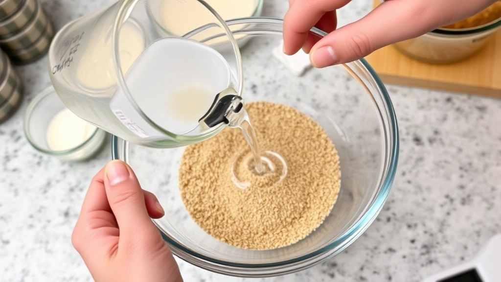 Hands pouring water into a glass bowl containing ground flaxseed, gel-like mixture visible, kitchen counter background with baking ingredients
