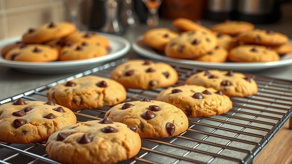 Golden-brown chocolate chip cookies on a cooling rack, steam rising slightly, plate of warm cookies in background, cozy kitchen lighting