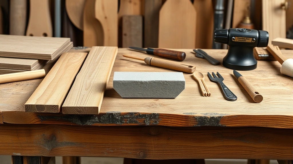 Professional woodworker's bench with wooden planks, flint stone, and crafting tools arranged on weathered oak surface, natural workshop lighting, sharp focus on materials