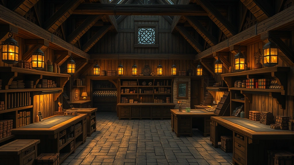 Minecraft-inspired medieval trading post with multiple wooden workstations, organized shelving, and realistic wooden architecture, warm torchlight, bustling marketplace atmosphere