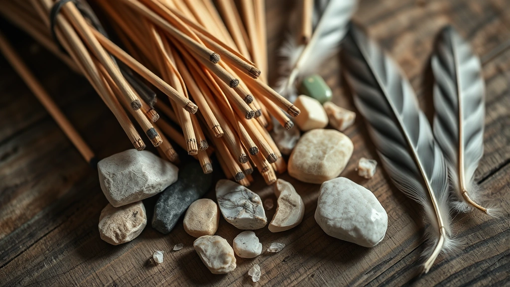 Close-up of fletching materials including bundled wooden sticks, flint stones, and feathers artfully arranged on a wooden crafting surface with professional lighting and shadows