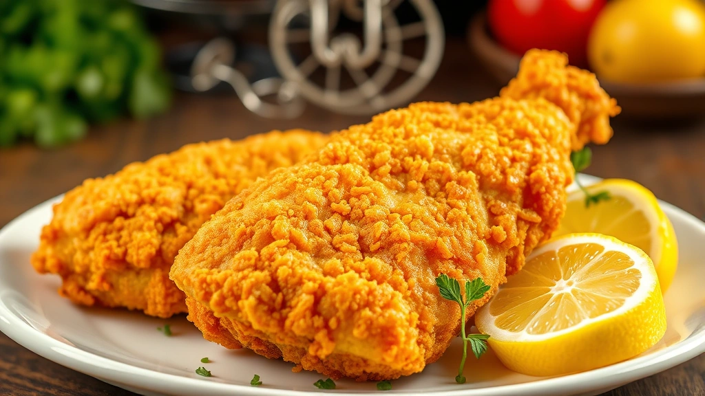 Golden-brown fried chicken breast with crispy coating, steam rising, displayed on white plate with fresh lemon wedges and herb garnish, professional food photography lighting