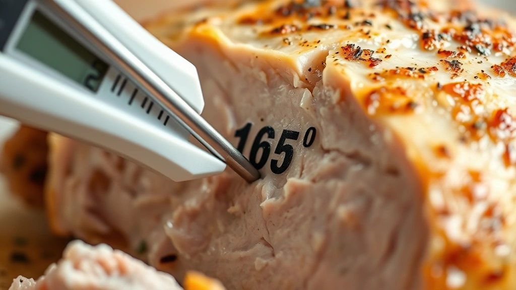 Close-up of thermometer inserted into juicy chicken breast interior showing 165 degrees, with golden crispy skin visible, natural kitchen lighting, macro detail shot
