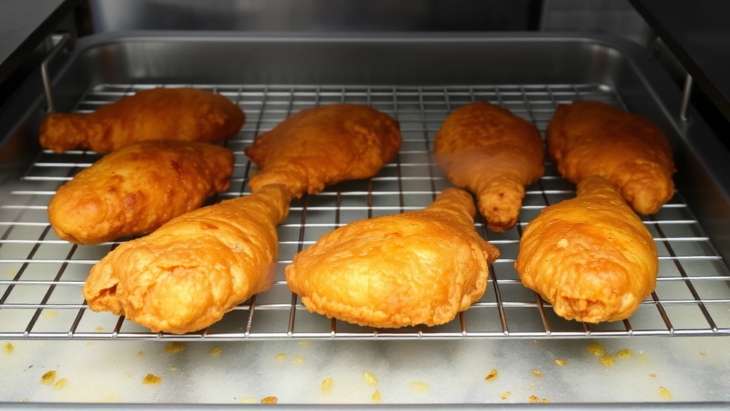 Multiple golden fried chicken breasts resting on metal wire rack over sheet pan, showing texture contrast between crispy exterior and steam, restaurant kitchen setup