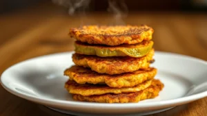 Golden-brown fried green tomato slices stacked on white plate, steam rising, crispy cornmeal coating visible, warm lighting, shallow depth of field