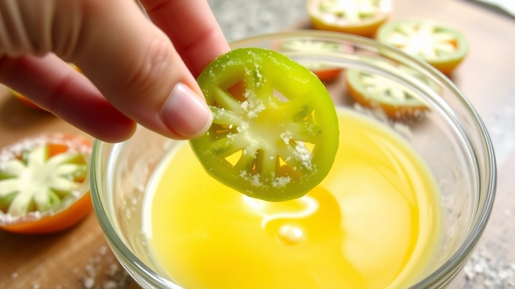 Close-up of hand dipping uncooked green tomato slice into beaten egg mixture in glass bowl, flour-dusted tomato slices visible in background, kitchen counter setup