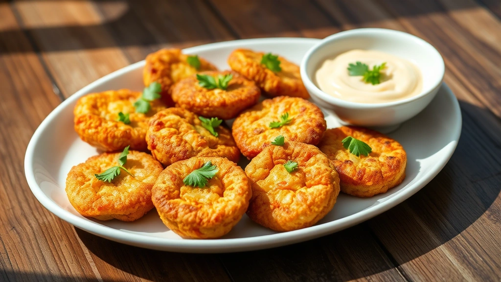 Finished plate of fried green tomatoes garnished with fresh parsley, served with creamy remoulade sauce in small white bowl, rustic wooden table, natural afternoon light