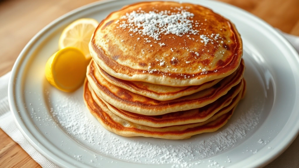 Golden-brown German pancakes stacked on a white ceramic plate with powdered sugar dusting and fresh lemon wedge, steam slightly visible, shot from above with soft natural morning light