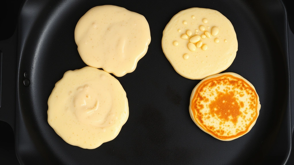Overhead view of a griddle with three fluffy German pancakes at different cooking stages - one just poured showing batter spread, one with bubbles breaking through the top surface, one golden-brown ready to flip