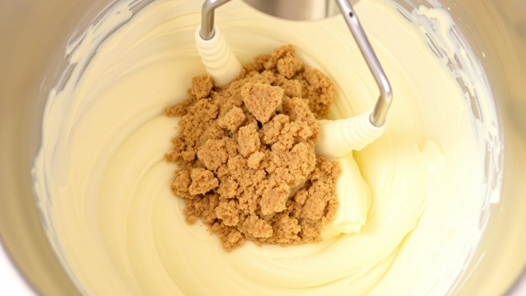 Creamed butter and brown sugar mixture in a stainless steel mixing bowl with an electric mixer, showing pale fluffy texture with visible air incorporation and light color transformation