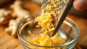 Close-up of fresh ginger root being grated on a microplane into a glass bowl, with ginger pieces and fine shreds visible, warm kitchen lighting, shallow depth of field focusing on the grater and fresh ginger