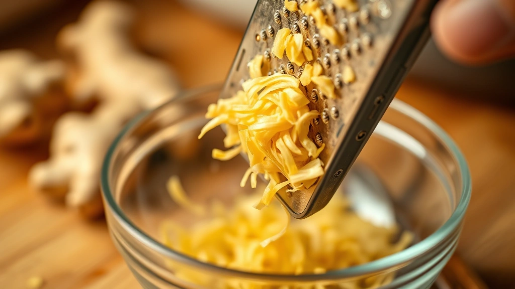 Close-up of fresh ginger root being grated on a microplane into a glass bowl, with ginger pieces and fine shreds visible, warm kitchen lighting, shallow depth of field focusing on the grater and fresh ginger