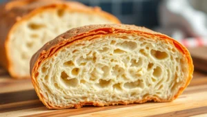 Close-up of golden-brown gluten-free bread loaf with crispy crust texture, sliced to show soft, moist crumb structure with visible air pockets, sitting on wooden cutting board with steam rising