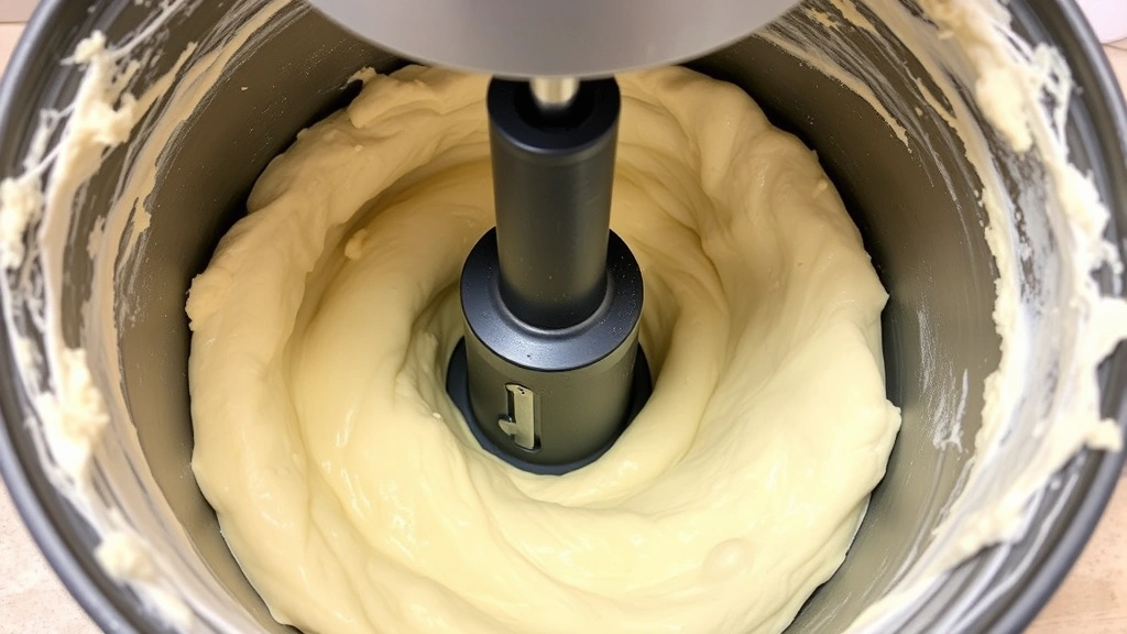 Bread machine interior showing thick, batter-like gluten-free dough during mixing cycle, paddle engaged, dough clinging to sides with glossy appearance from butter and eggs