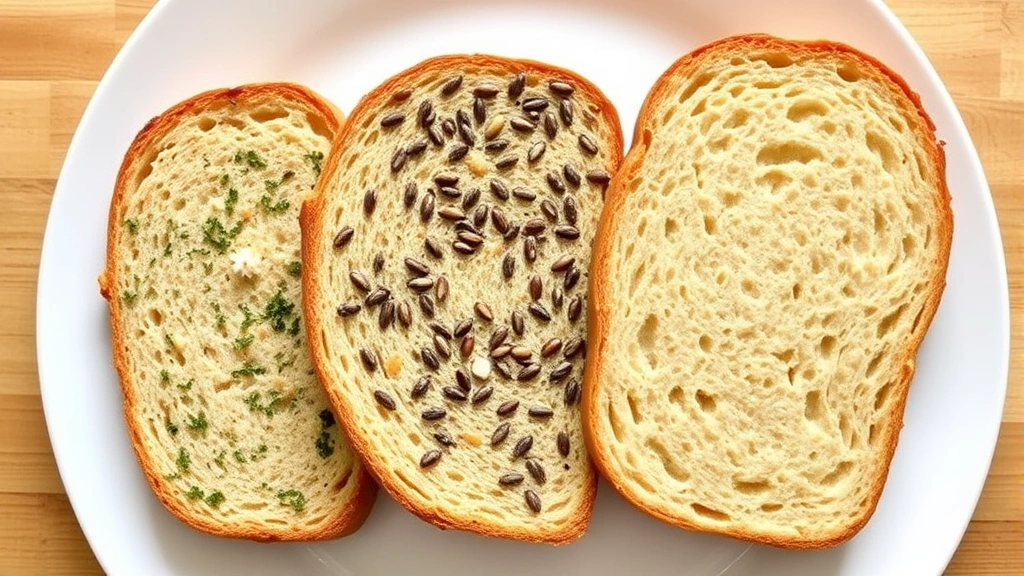 Three slices of freshly baked gluten-free bread arranged on white plate, showing varied textures from different recipes - one herb-infused with green specks, one seed-studded, one plain with perfect golden crust and tender interior