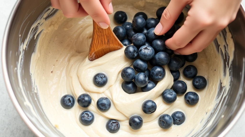 Close-up of hands gently folding blueberries into light gluten-free cake batter in a stainless steel mixing bowl, showing the thick, creamy batter consistency with a wooden spoon partially submerged