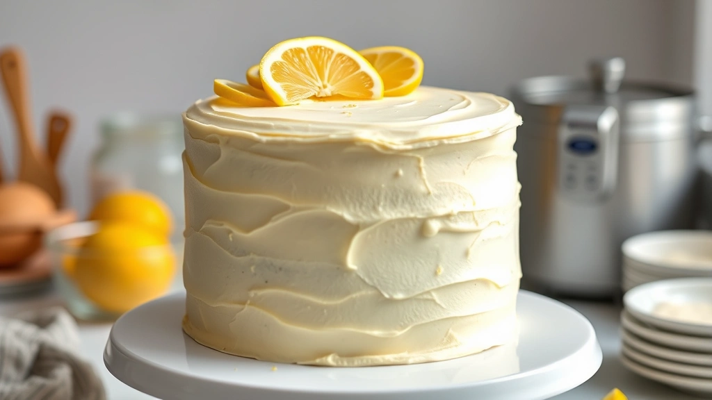 Finished gluten-free layer cake frosted with smooth buttercream, decorated with fresh lemon slices and lemon zest on top, displayed on a white cake stand against a soft natural light background with baking ingredients blurred in the background